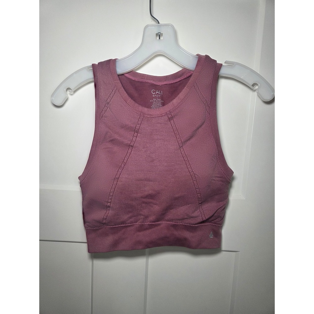CALI Sport Womens Seamless Ribbed Crop Tank Top Mauve Pink Small High Neck